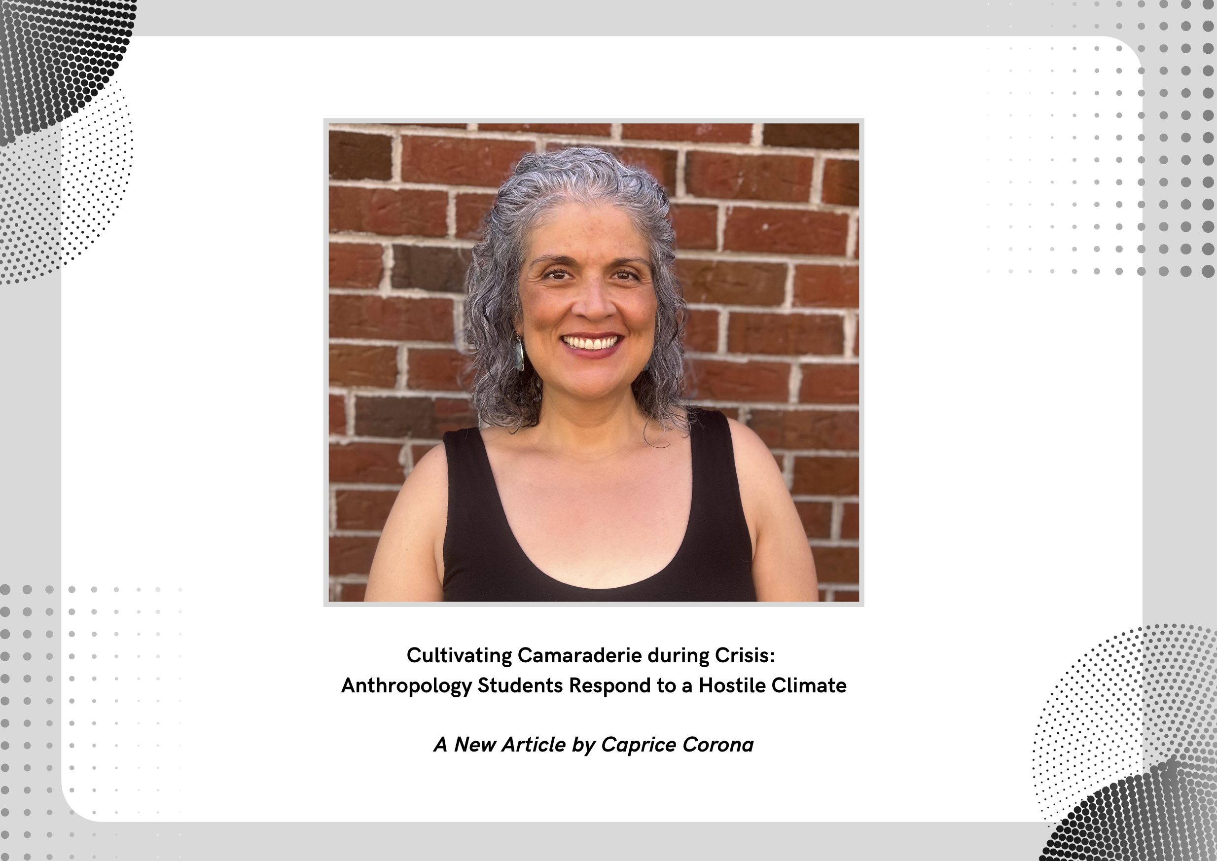 Headshot of Caprice Corona with title of new article